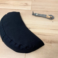 Black linen meditation Cresсent cushion filled with buckwheat hulls gift for him Yoga support pillow