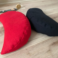 Red linen meditation Cresсent cushion filled with buckwheat hulls Yoga support pillow