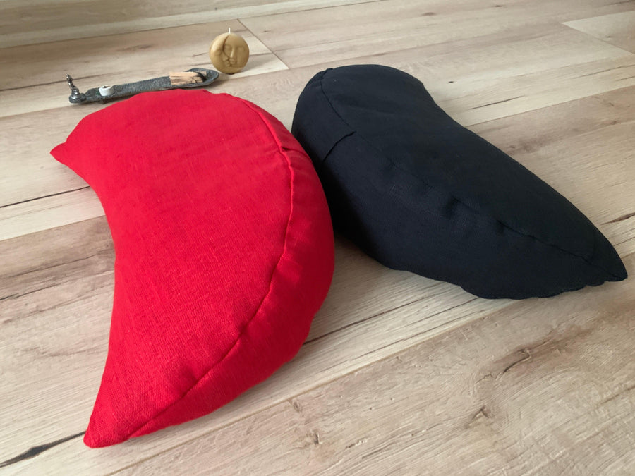 Red linen meditation Cresсent cushion filled with buckwheat hulls Yoga support pillow