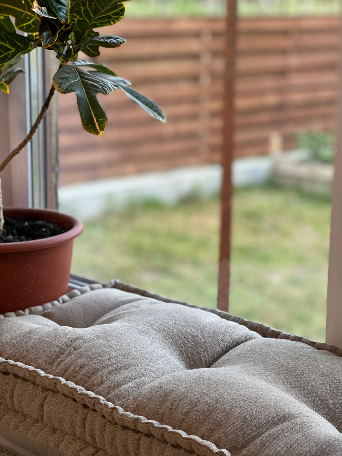 Hemp natural non-dyed dark grey window Mudroom Floor Bench cushion with organic hemp fiber filling in linen fabric custom made