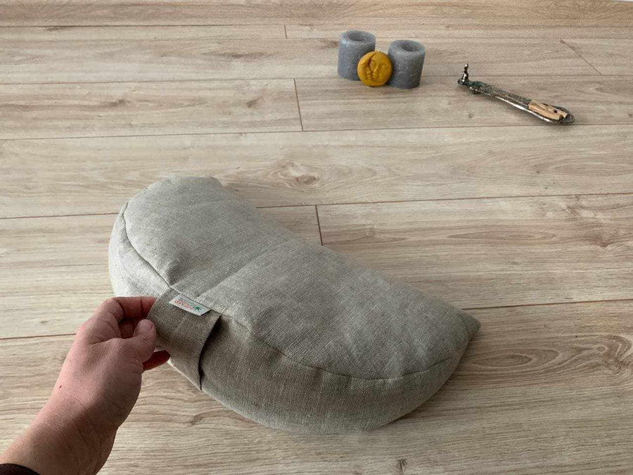 Linen meditation Cresсent cushion filled with buckwheat hulls