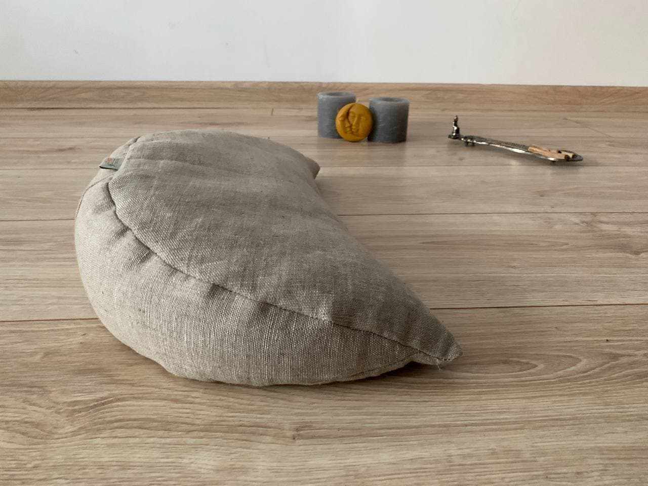 Linen meditation Cresсent cushion filled with buckwheat hulls