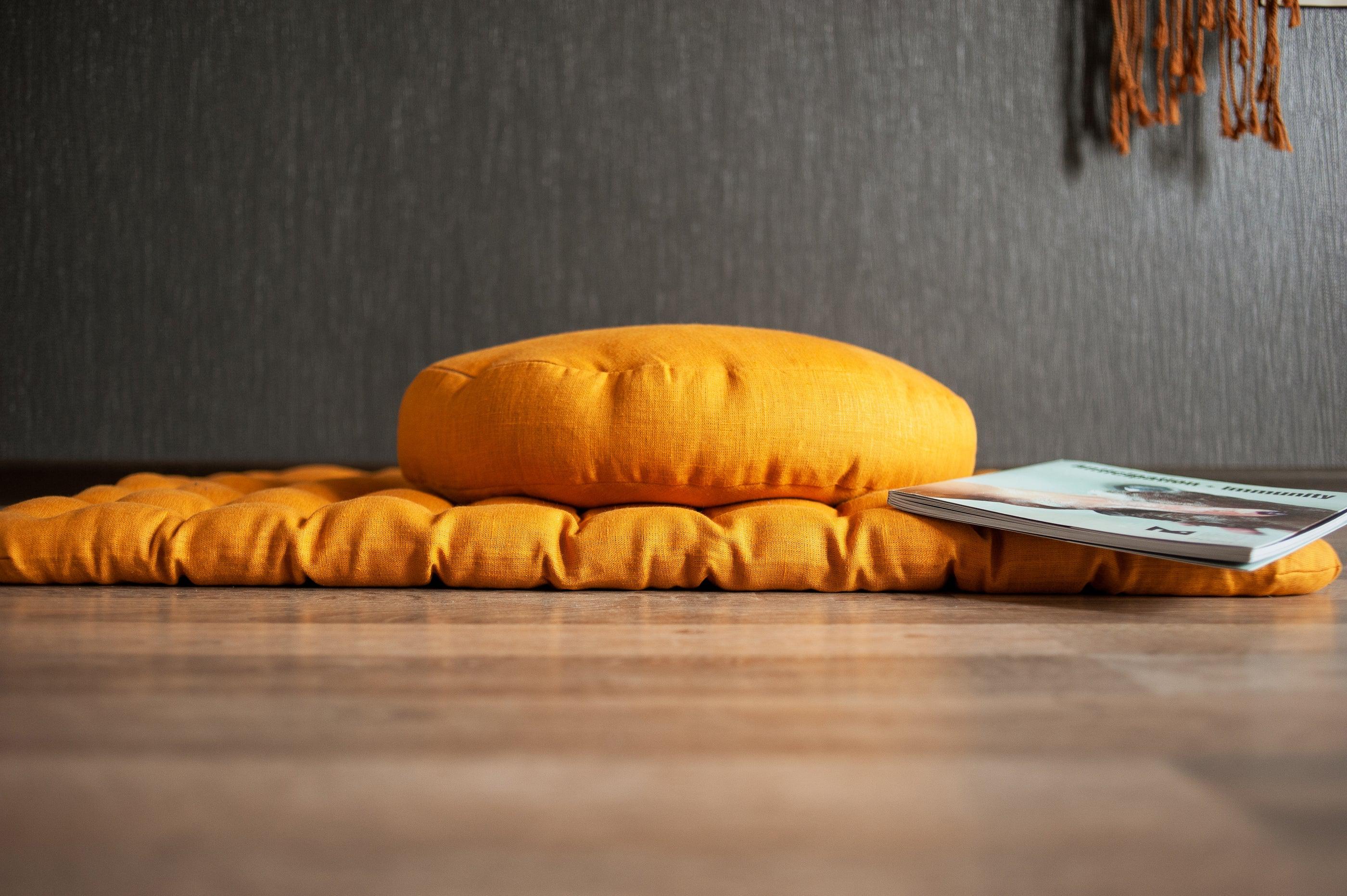 Mustard Linen Set Zafu & Zabuton Buckwheat hulls/for Yoga studio/Large floor Linen cushion Organic Meditation