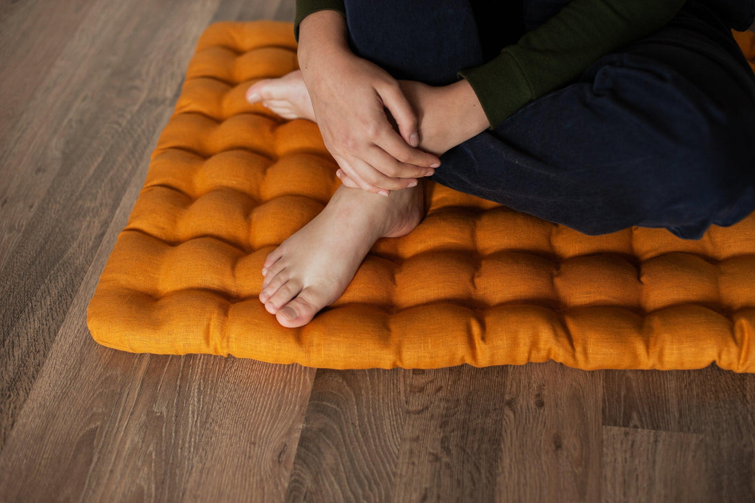 Mustard Linen Set Zafu & Zabuton Buckwheat hulls/for Yoga studio/Large floor Linen cushion Organic Meditation