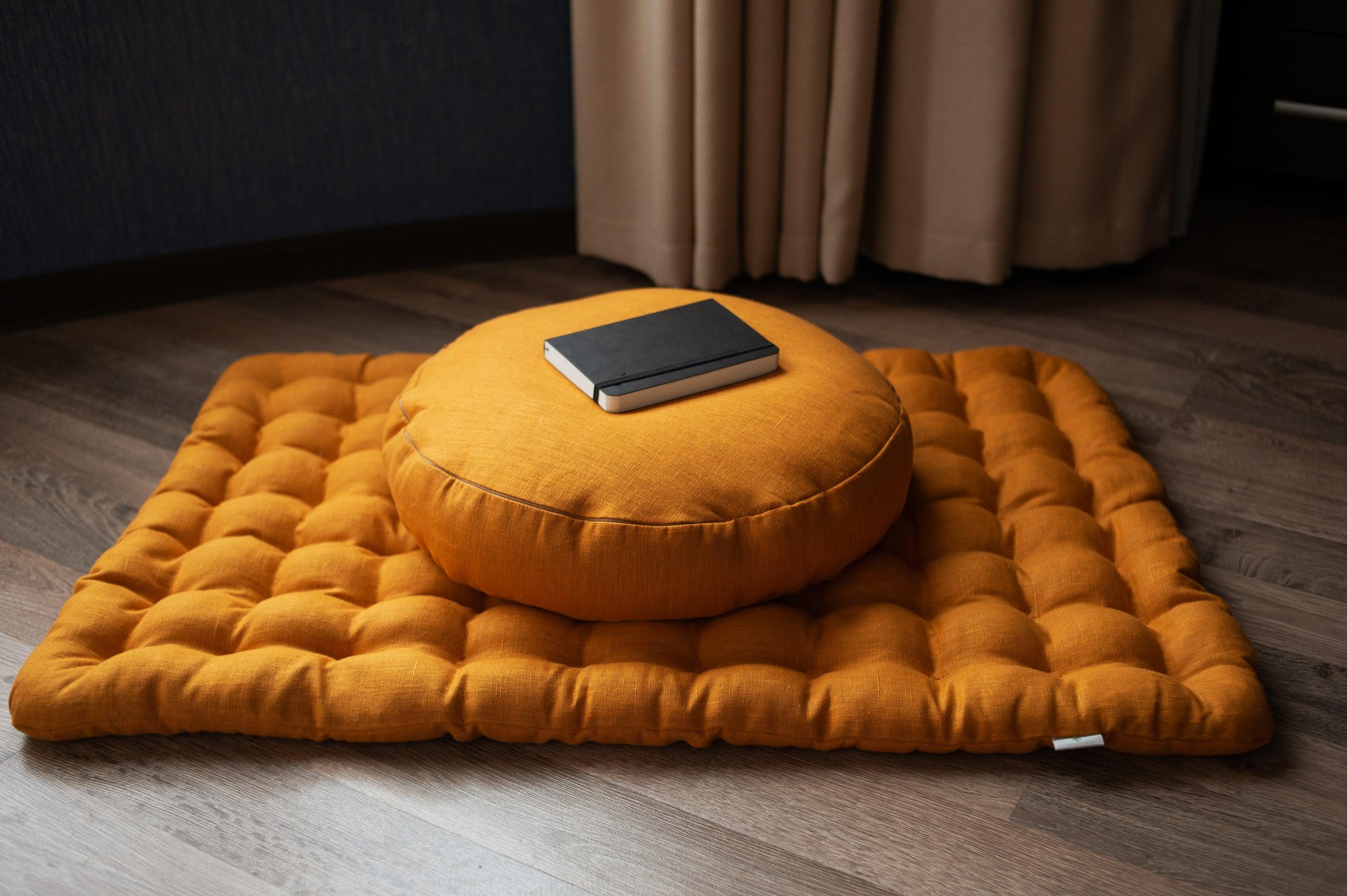 Mustard Linen Set Zafu & Zabuton Buckwheat hulls/for Yoga studio/Large floor Linen cushion Organic Meditation