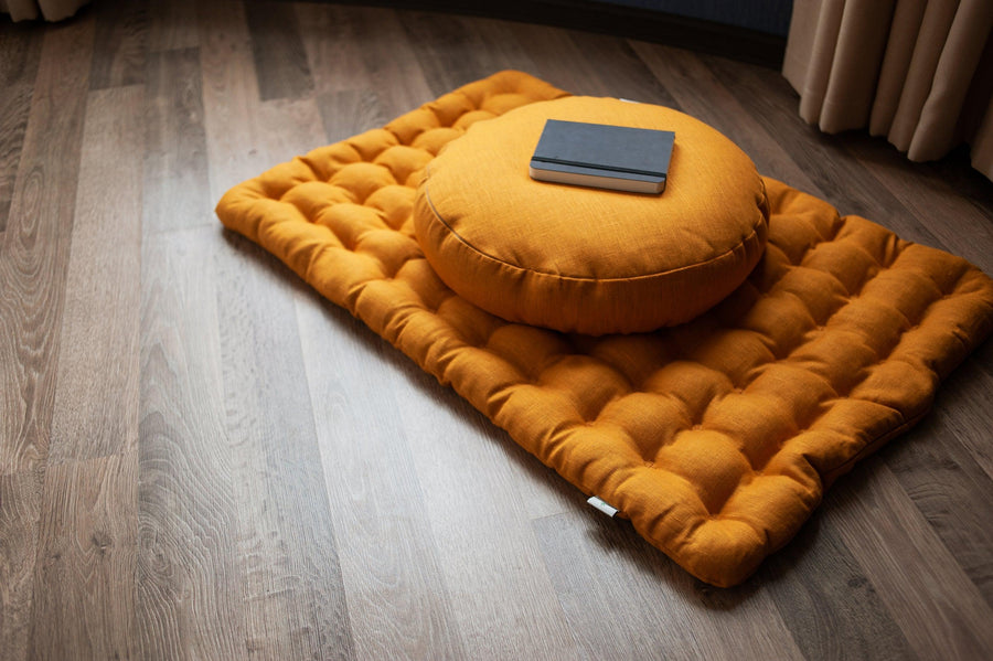 Mustard Linen Set Zafu & Zabuton Buckwheat hulls/for Yoga studio/Large floor Linen cushion Organic Meditation
