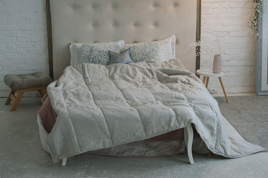 Natural Grey HEMP Linen blanket quilt in stripe- filler organic Hemp fiber in natural linen fabric customer sizes