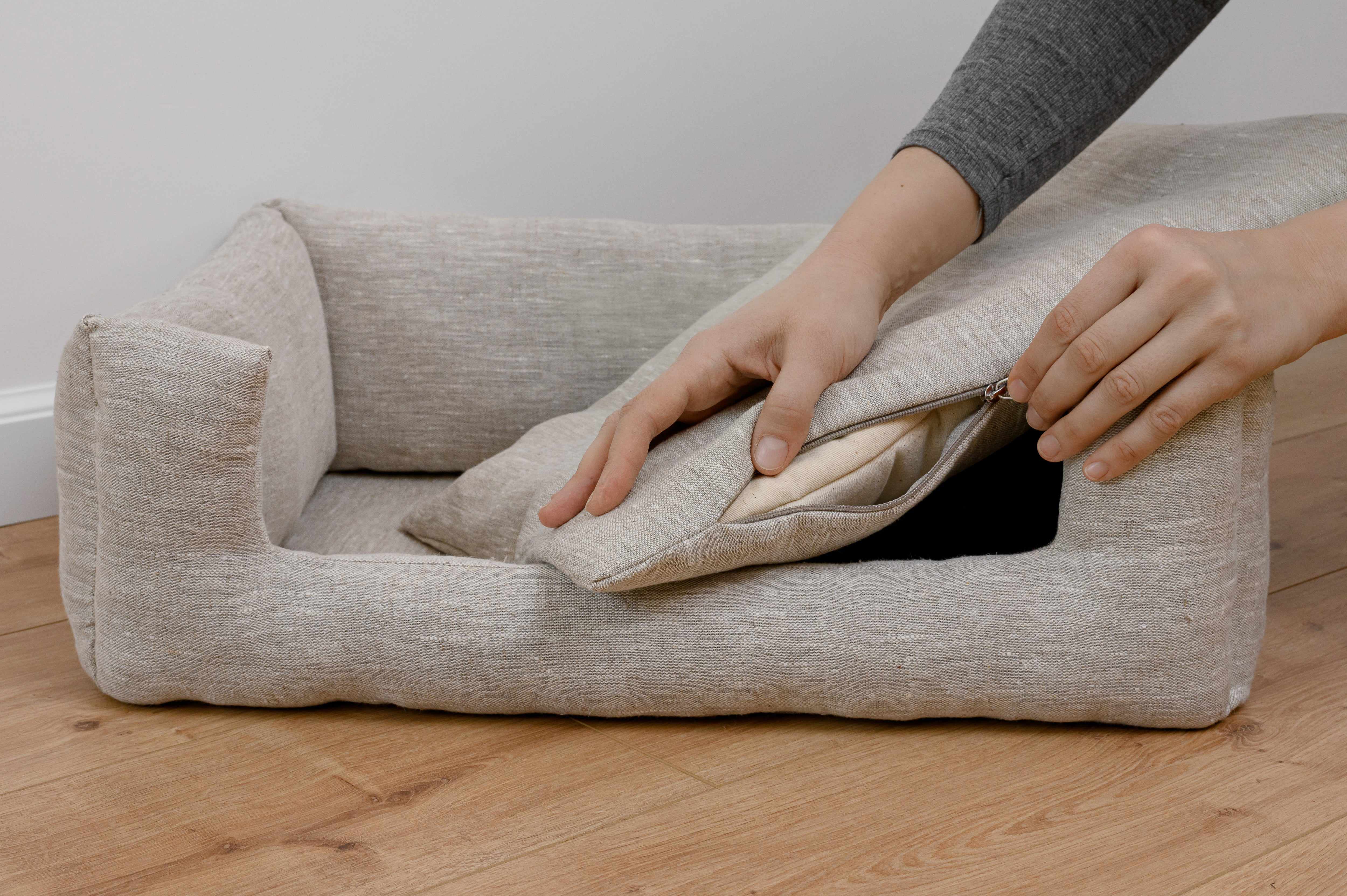 HEMP pet bed in natural non-dyed gray linen fabric filled organic HEMP Fiber - mat carpet - house for cats organic