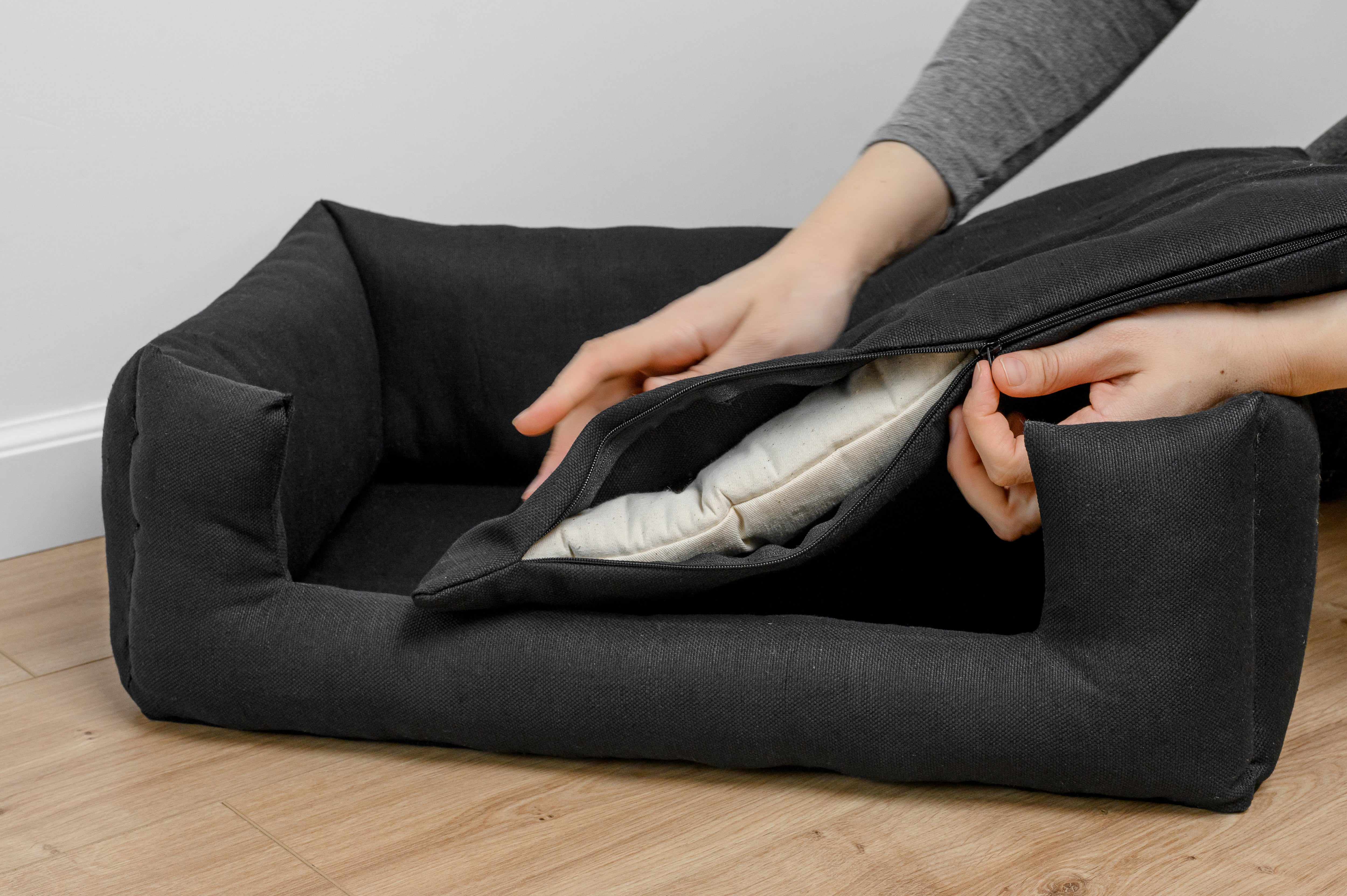 HEMP pet bed in natural black linen fabric filled organic HEMP Fiber - mat carpet - house for cats organic