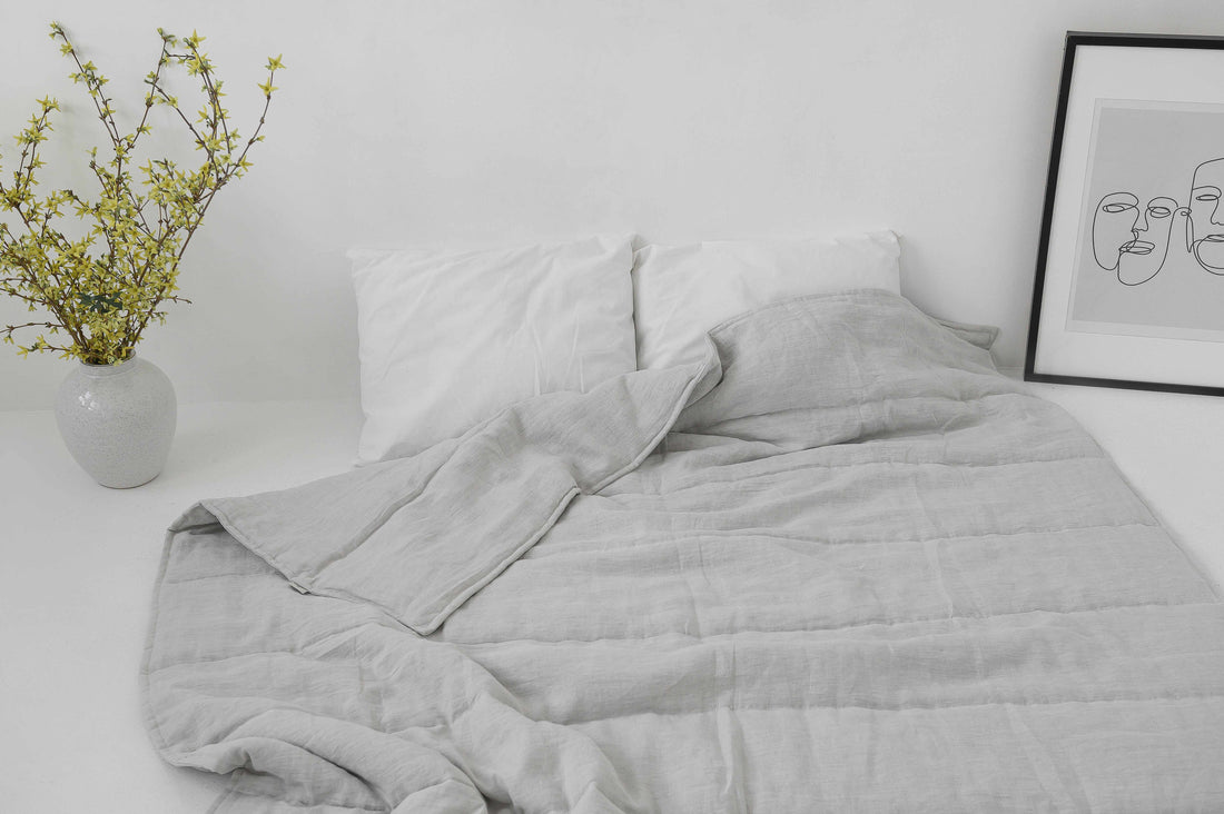 Hemp Linen Light Grey Natural Blanket Quilt Linen Soft Washed Fabric Filled Organic Hemp Fiber - Full Queen King custom size