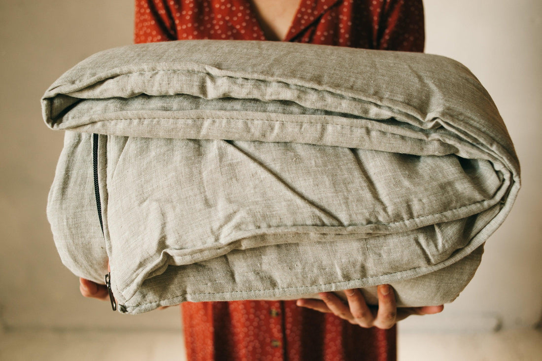 Thick HEMP Sleeping bag in washed linen fabric- organic hemp fiber filling + linen non-dyed fabric - blanket quilt, hand made