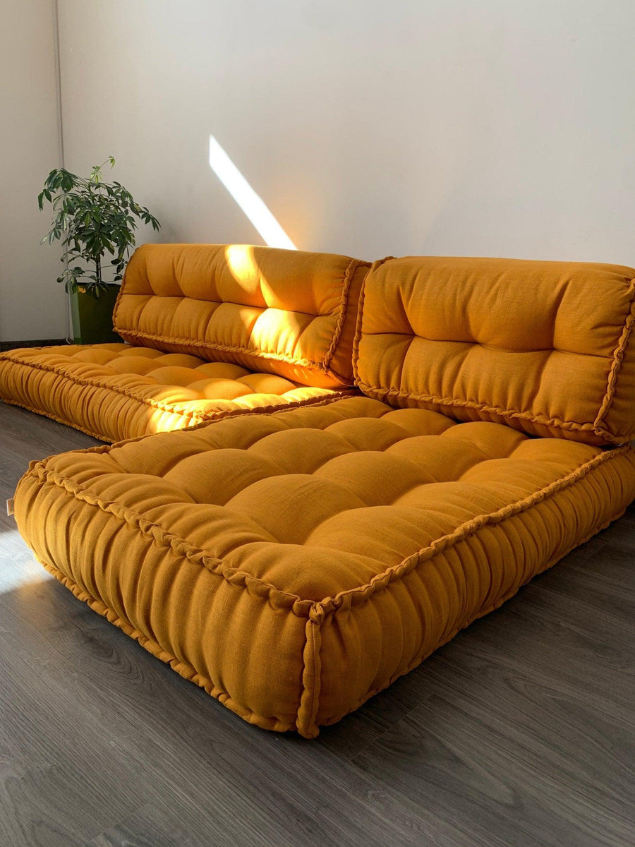 Unique Set of Hemp floor cushions: two 49"x29"x7.8", plus back cushions of 49"x16"x7.8" and 29"x16"x7.8" with organic hemp fiber filling