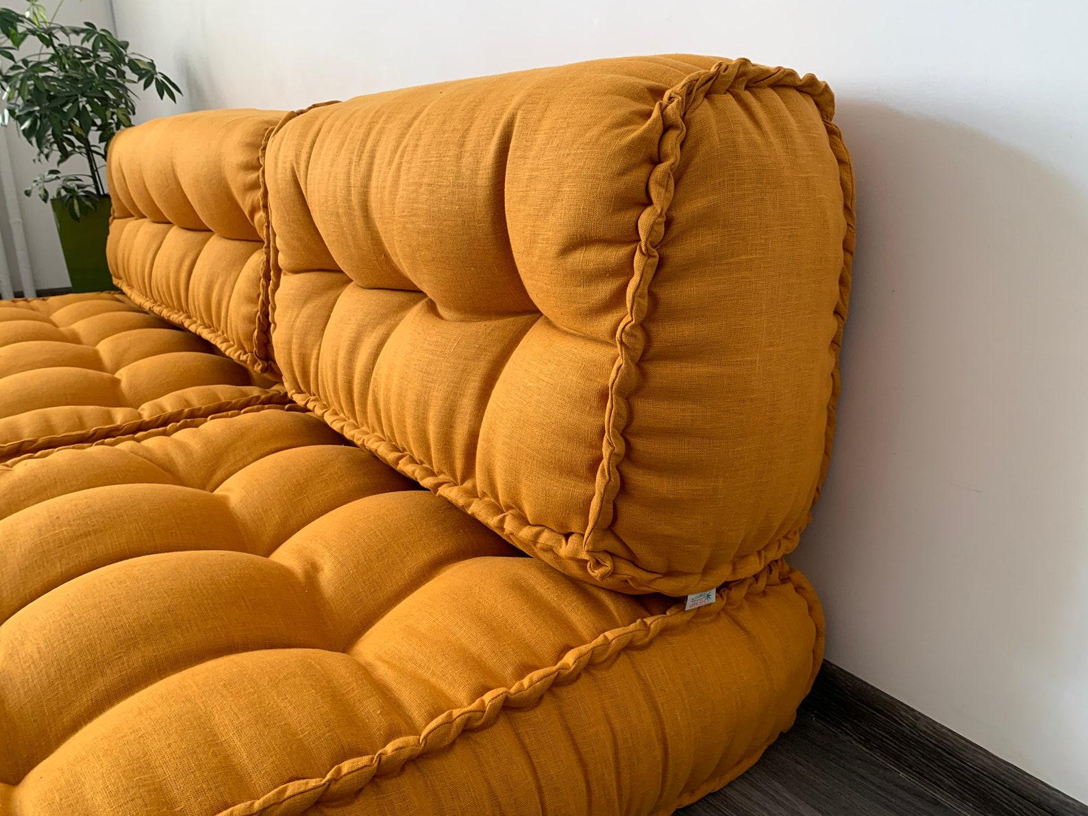 Unique Set of Hemp floor cushions: two 49"x29"x7.8", plus back cushions of 49"x16"x7.8" and 29"x16"x7.8" with organic hemp fiber filling